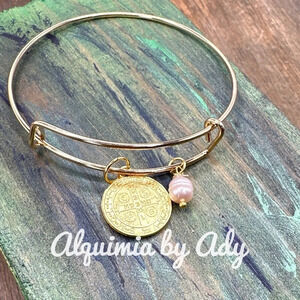 Rose gold dainty cuff bangle minimalist bracelet pearl adjustable Saint Benedict